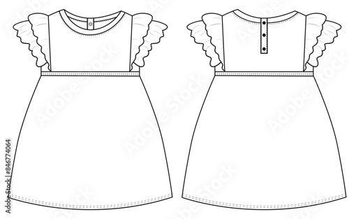 Baby Girls winglet sleeves dress fashion technical draw vector illustration template design