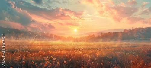a sun set in the horizon of a field with wildflowers and green grass.
