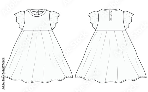 Baby Girls winglet sleeves dress fashion technical draw vector illustration template design