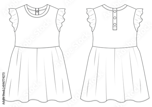 Baby Girls winglet sleeves dress fashion technical draw vector illustration template design