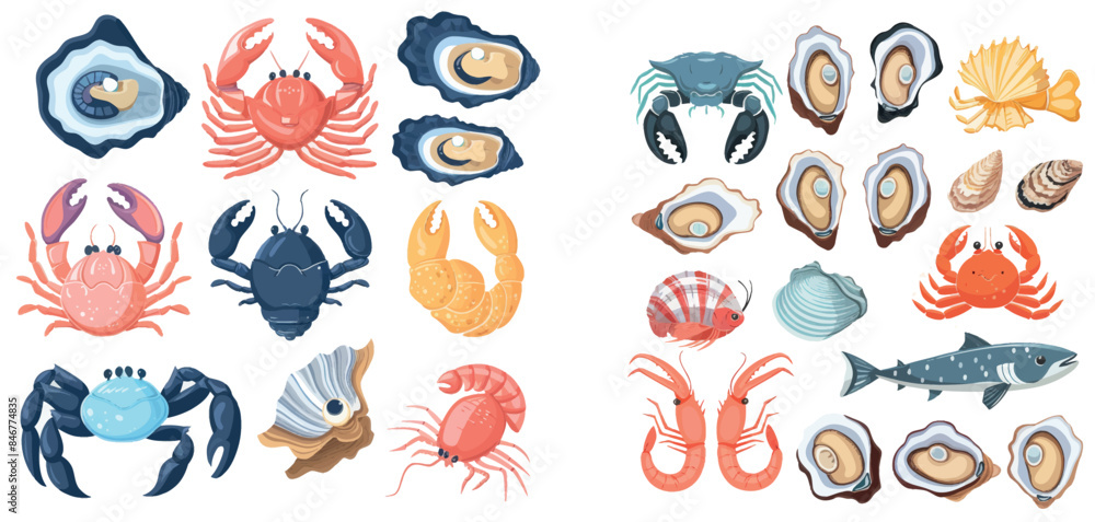 Set of sea food cartoons. Fish crab oyster shrimp tuna mackerel lobster mussel shell clam seafood detailed illustration isolated on white. Set of sea food cartoons. Fish crab oyster shrimp tuna mackerel lobster mussel shell clam seafood detailed illustration isolated on white.