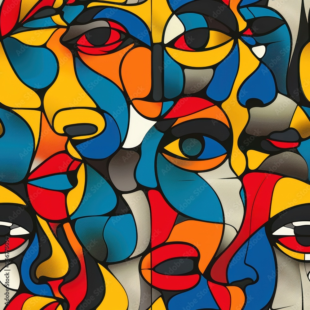 Obraz premium A Colorful Abstract Depiction of Human Faces in a Cubism-like Style with Bright Vibrant Colors and Geometric Shapes Creating an Energetic and Harmonious Image with Detailed Features