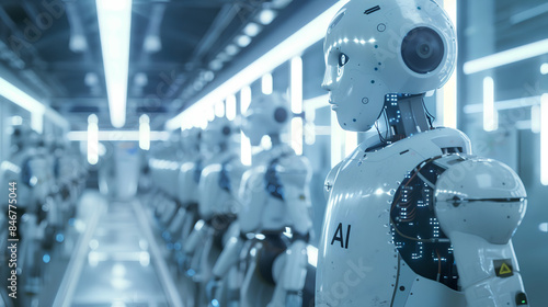 Wallpaper Mural Envision a sleek, futuristic factory environment illuminated by soft array of robotic entities Torontodigital.ca