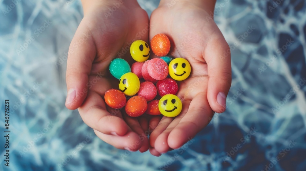 Hands holding a handful of smiling candies, capturing the delight of indulging in sweet treats. Hands holding a handful of smiling candies, capturing the delight of indulging in sweet treats.