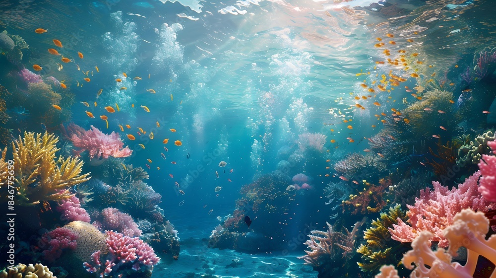 Naklejka premium Beautiful underwater scenery with various types of fish and coral reefs Generative AI