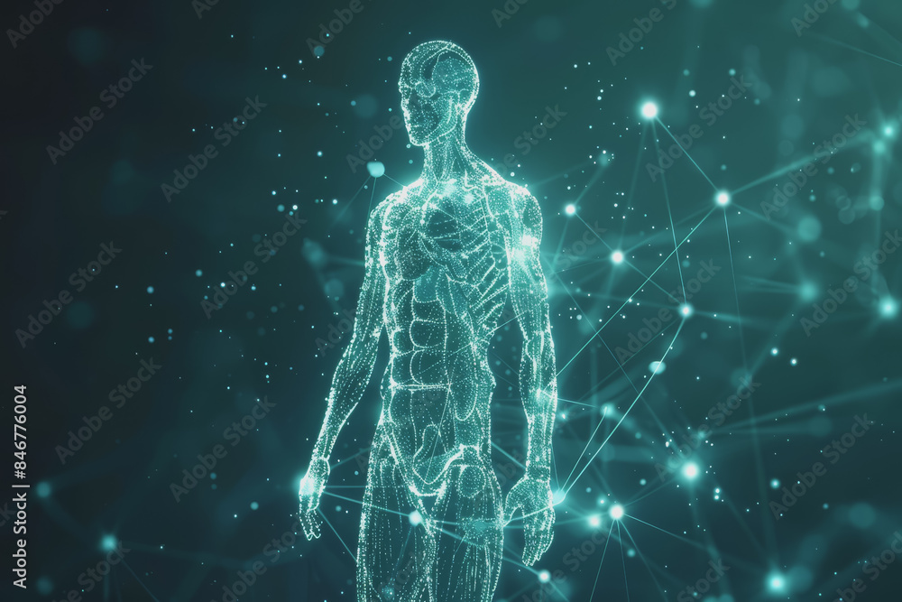 Visualize a blockchain network woven through human anatomy, connecting data from medical devices. Visualize a blockchain network woven through human anatomy, connecting data from medical devices.