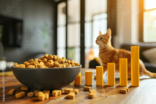 The growth of the pet trend and animal feed or pet food industry concept, animal feed bowl and bar chart, demand and supply in pet food, the increase in the price of pet food stocks