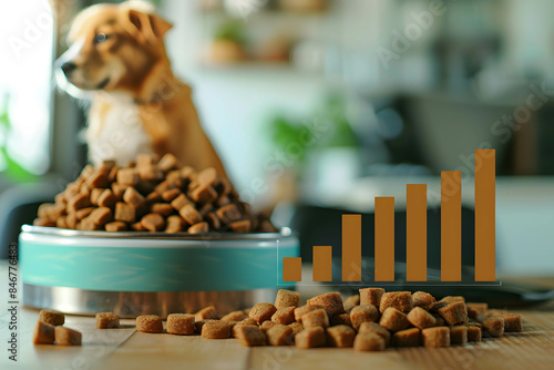 The growth of the pet trend and animal feed or pet food industry concept, animal feed bowl and bar chart, demand and supply in pet food, the increase in the price of pet food stocks