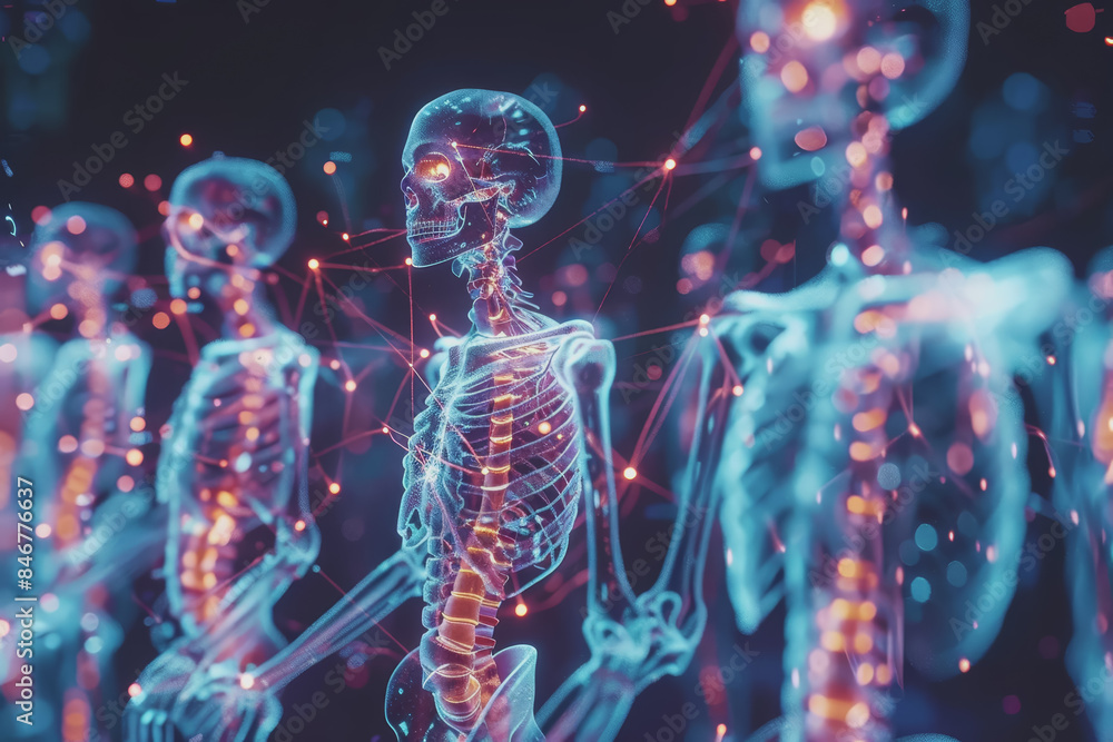 Visualize a blockchain network woven through human anatomy, connecting data from medical devices. Visualize a blockchain network woven through human anatomy, connecting data from medical devices.