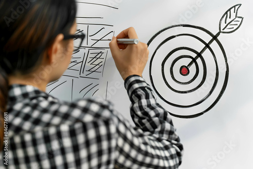 Setting life goals concept, a person writing questions on a whiteboard with a target symbol, highlighting the connection between inquiry and goal setting