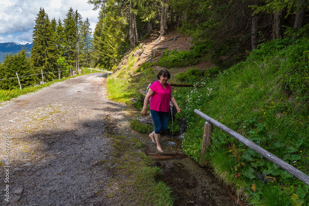Hiking woman in alpine forest, next to the path, on the side of the path, while hiking she come across streams and fountains and cross a bridge Hiking woman in alpine forest, next to the path, on the side of the path, while hiking she come across streams and fountains and cross a bridge