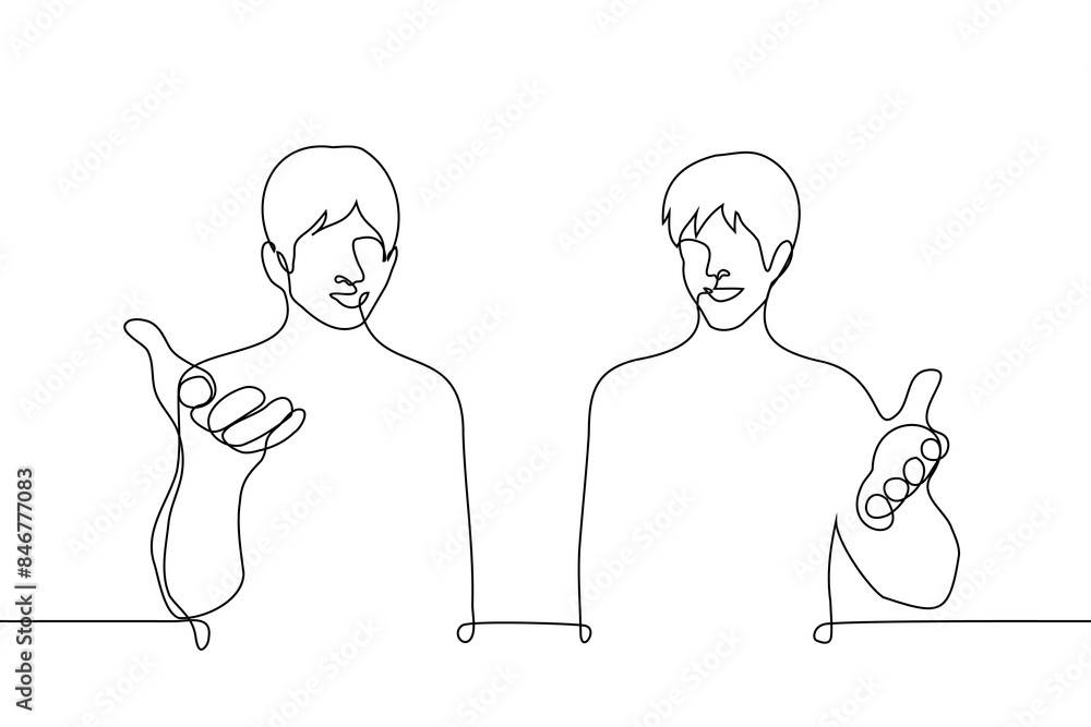 smiling men stand next to each other in a greeting welcome gesture and look at the camera - one line art vector. concept of hospitable hosts, men inviting or welcoming guests smiling men stand next to each other in a greeting welcome gesture and look at the camera - one line art vector. concept of hospitable hosts, men inviting or welcoming guests