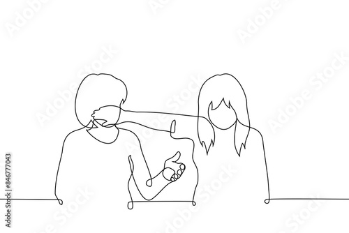 woman covers the mouth of a nearby standing gesturing woman with her palm - one line art vector. concept of shutting up a friend, getting tired of someone else's chatter