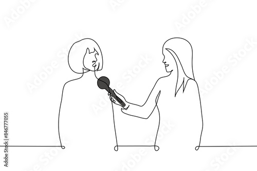 woman giving an interview to another smiling woman - one line art vector. interview concept, eyewitness commentary, social street survey