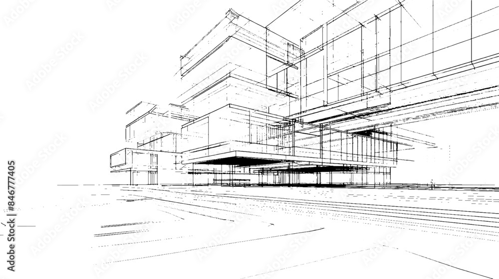 Distressed sketch of building with dust on isolated background. Architectural sketch of a house. linear sketch modern building on light gray background