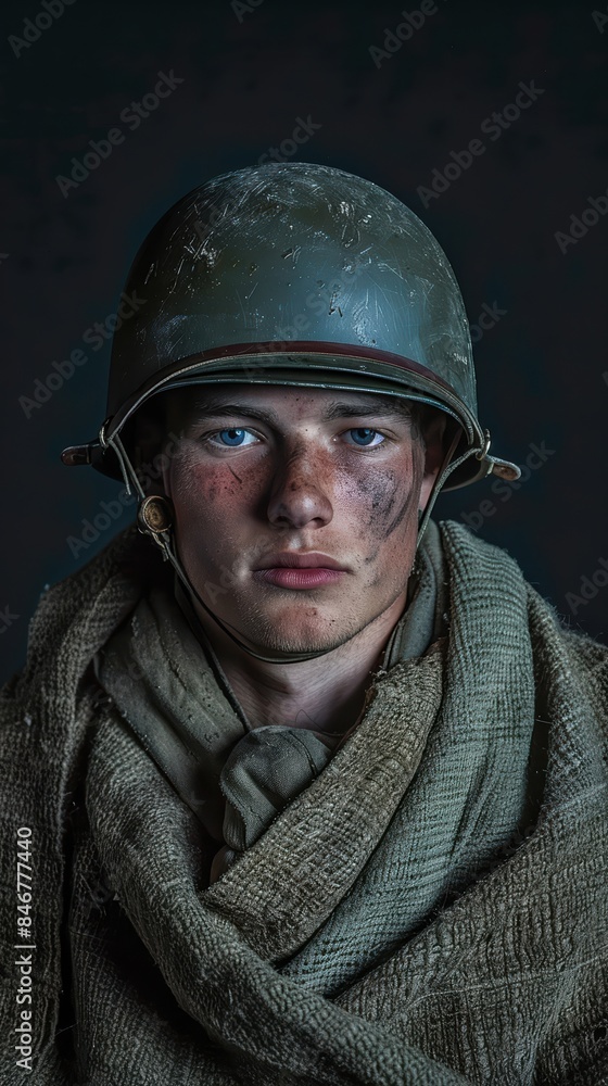 Fototapeta premium A Somber and Realistic Portrait of a Young German Soldier with a Dirty and Tired Expression, Wearing a Helmet and Scarf, Against a Dark Background