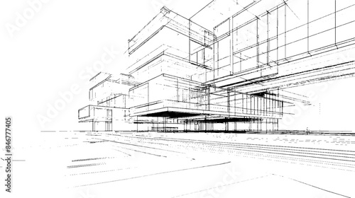 Distressed sketch of building with dust on isolated background. Architectural sketch of a house. linear sketch modern building on light gray background