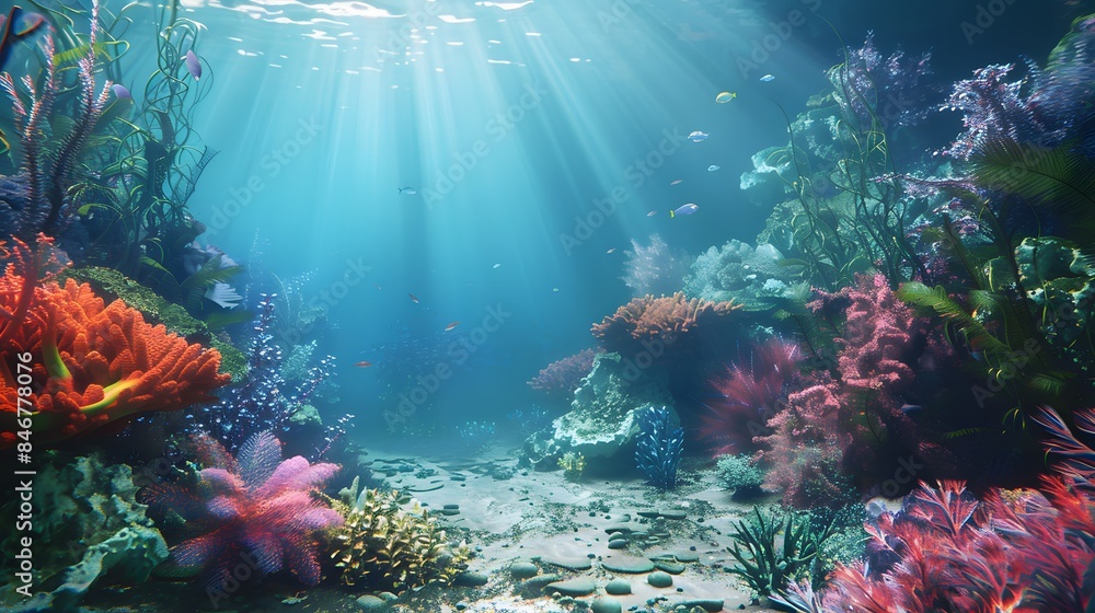 Naklejka premium Beautiful underwater scenery with various types of fish and coral reefs Generative AI