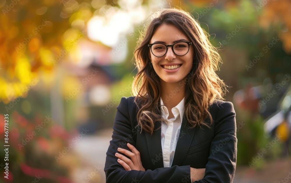Smiling Businesswoman Outdoors in Autumn Smiling Businesswoman Outdoors in Autumn