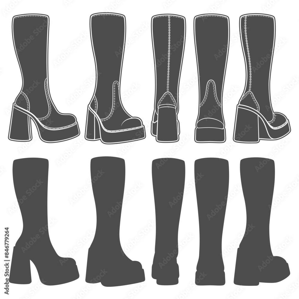 Set of black and white retro women's boots. Isolated vector objects on white background. Set of black and white retro women's boots. Isolated vector objects on white background.