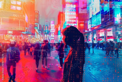 A woman stands in a crowded city street, the cityscape ablaze with lights and digital pixels. Generative AI