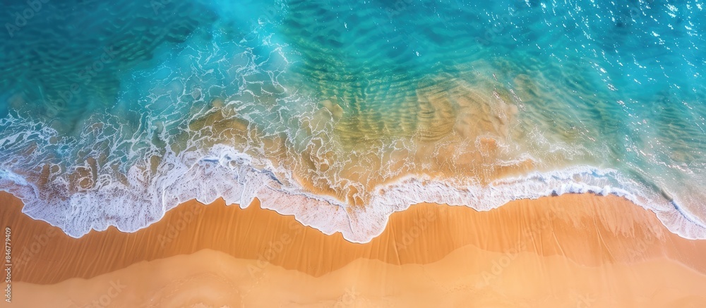 Aerial shot of a pristine beach with golden sand and vibrant blue waters, featuring ample copy space. Aerial shot of a pristine beach with golden sand and vibrant blue waters, featuring ample copy space.