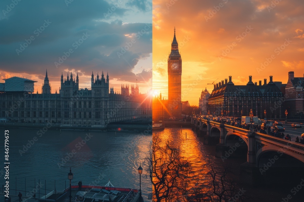 Naklejka premium A man walks down a street in London at night