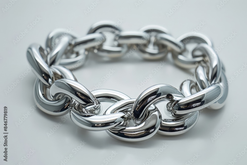 Fototapeta premium A silver bracelet made with multiple links is laying on its back.