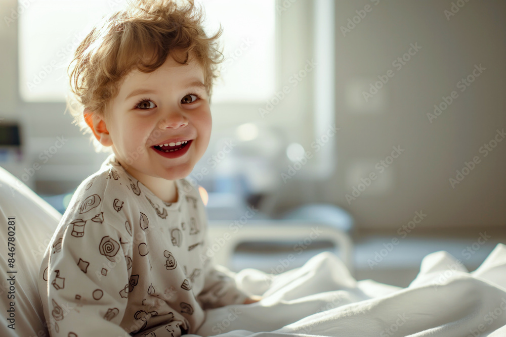A smiling toddler with tousled hair sitting on a bed in a hospital room, bathed in soft morning light, wearing a white shirt with geometric patterns.. A smiling toddler with tousled hair sitting on a bed in a hospital room, bathed in soft morning light, wearing a white shirt with geometric patterns..