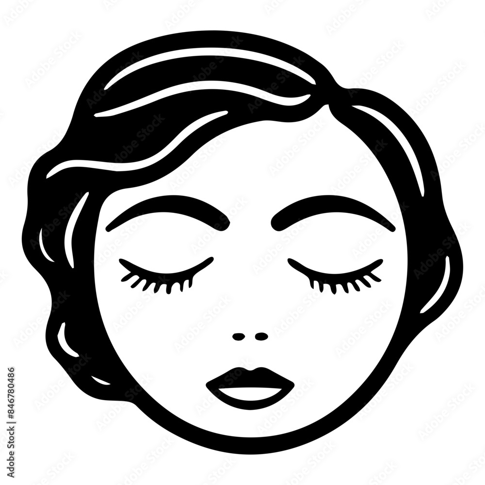 A close-up illustration of a young woman's face with closed eyes and stylized black hair A close-up illustration of a young woman's face with closed eyes and stylized black hair