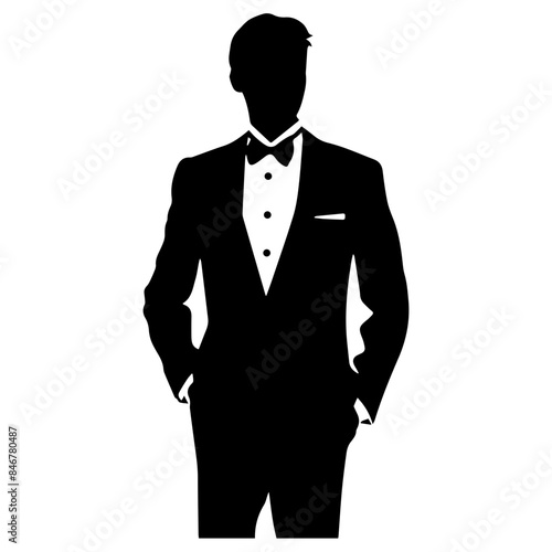 A silhouette of a man wearing a tuxedo with a bow tie