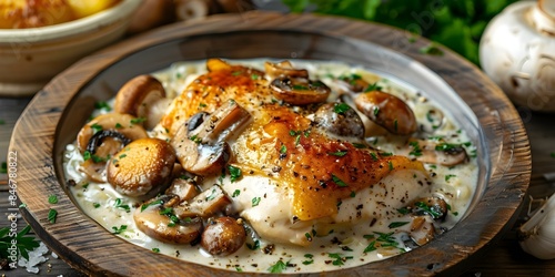 Chicken fricassee in white wine cream sauce with mushrooms on wooden table. Concept Chicken Fricassee, White Wine Cream Sauce, Mushrooms, Wooden Table, Gourmet Dish photo