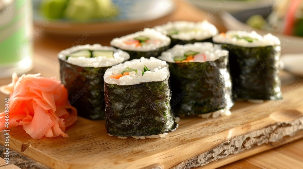 Sushi rolls served on a wooden board with pickled ginger and wasabi, adding flavor and freshness to each bite. Sushi rolls served on a wooden board with pickled ginger and wasabi, adding flavor and freshness to each bite.