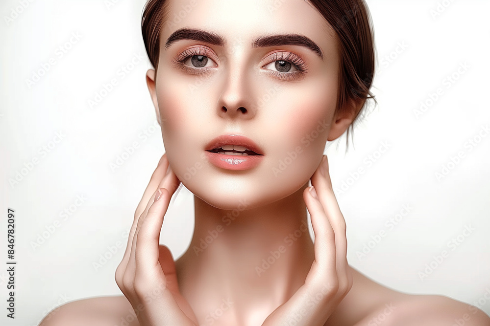 beautiful, cute woman, model, take care of her nails, beauty, white backdrop, portrait of looking straight into the camera, white bright background