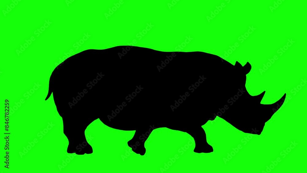 Black silhouette Rhinoceros walking on green background. Green screen for compositing and presentation. Video looping. Black silhouette Rhinoceros walking on green background. Green screen for compositing and presentation. Video looping.