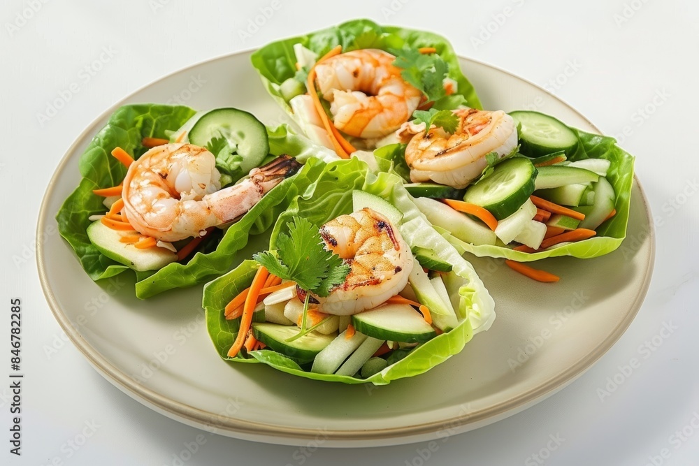 Colorful Bahn Mi Lettuce Wraps with Fresh Vegetables and Grilled Shrimp Colorful Bahn Mi Lettuce Wraps with Fresh Vegetables and Grilled Shrimp