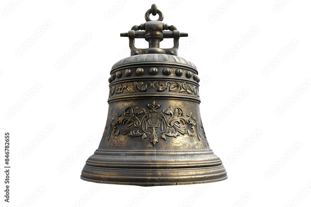 Large, Ornate Bell With A Gold Finish, Independence Day, 3D Render, Illustrations, Isolated On A Transparent Background. Large, Ornate Bell With A Gold Finish, Independence Day, 3D Render, Illustrations, Isolated On A Transparent Background.