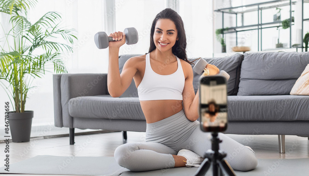 ragazza che fa palestra esercizi davanti smartphone in diretta streaming influencer ragazza che fa palestra esercizi davanti smartphone in diretta streaming influencer