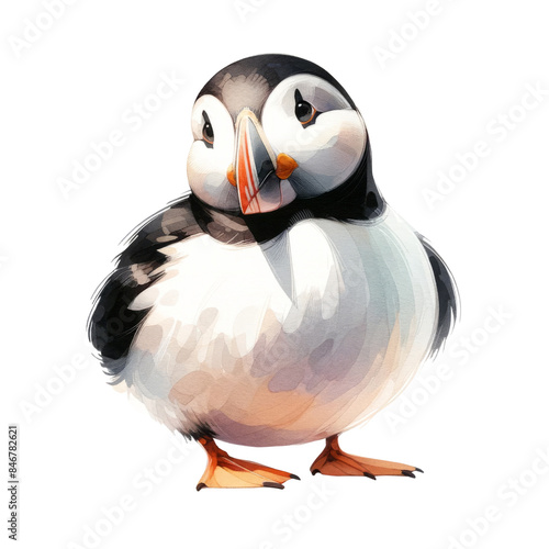 Illustrate a chubby endearing puffin in a gentle pastel watercolor style