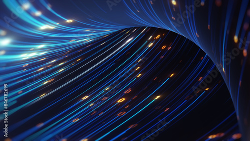 Fototapeta Naklejka Na Ścianę i Meble -  Big Data concept. abstract dark blue orange fast moving binary computer data. High speed motion, artificial intelligence, Technology, machine learning, big data, virtualizatio, futuristic, data flow 