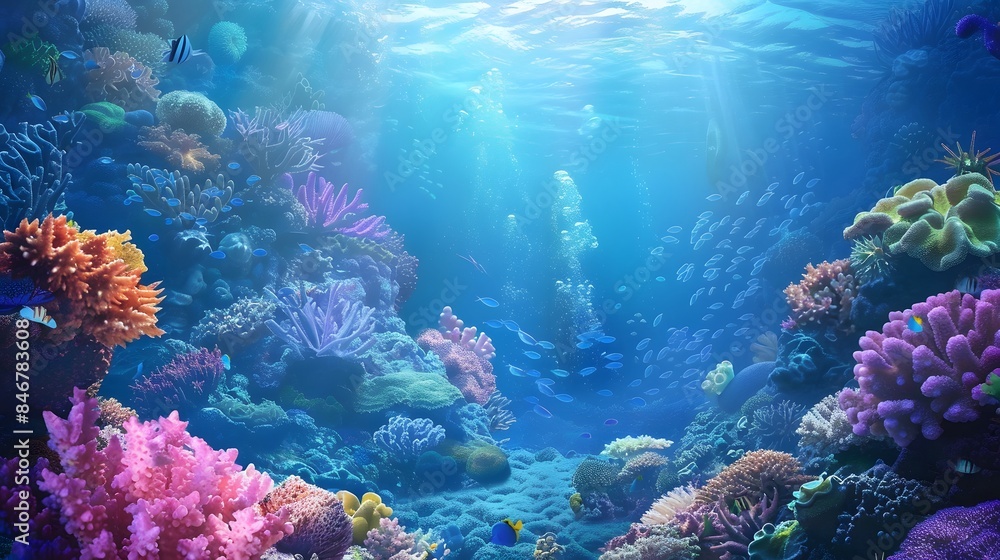 Obraz premium Beautiful underwater scenery with various types of fish and coral reefs Generative AI