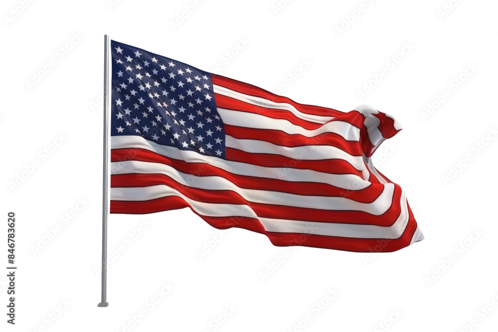 Fototapeta premium Large American Flag Is Waving In The Wind, Independence Day, 3D Render, Illustrations, Isolated On A Transparent Background. 