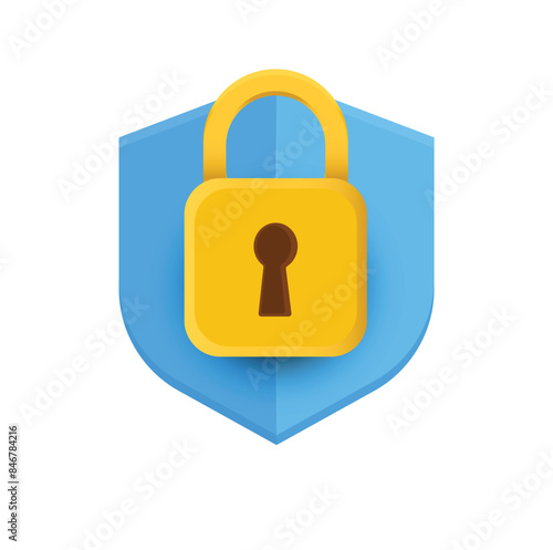 Yellow Padlock on Blue Shield Security Icon. Vector Illustration.