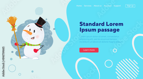 Happy cute snowman wearing hat and holding broom. Christmas design element. Winter, holiday concept can be used for poster, banner or landing page design