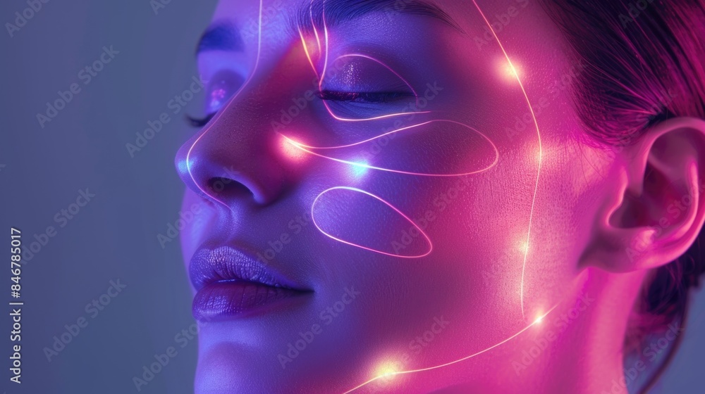 A beautiful woman with closed eyes and glowing lines on her face A beautiful woman with closed eyes and glowing lines on her face