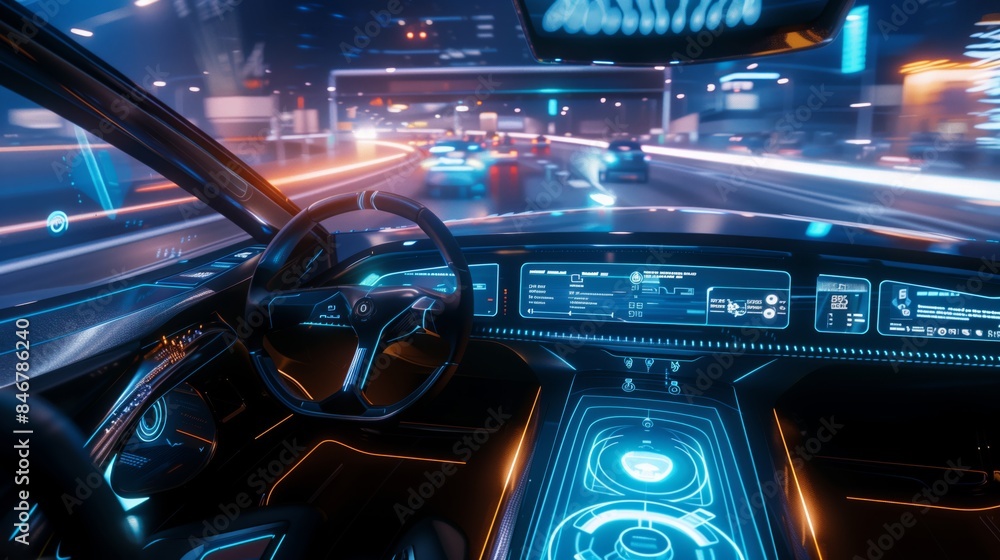 Cutting-edge interior view of an automatic drive vehicle featuring advanced technology and safety features including handsfree controls, touchsets, holographic displays on the windshield, AI elements Cutting-edge interior view of an automatic drive vehicle featuring advanced technology and safety features including handsfree controls, touchsets, holographic displays on the windshield, AI elements