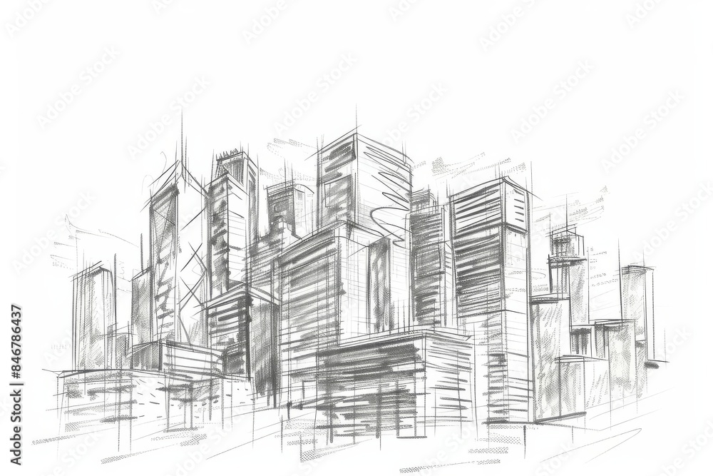 Closeup shot of a handdrawn sketch of a cityscape on a pure white background, ideal for art displays and creative portfolios Closeup shot of a handdrawn sketch of a cityscape on a pure white background, ideal for art displays and creative portfolios