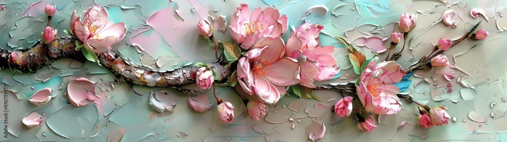 A branch with pink flowers, green leaves, and a textured surface, creating a soft light blue background. A branch with pink flowers, green leaves, and a textured surface, creating a soft light blue background.