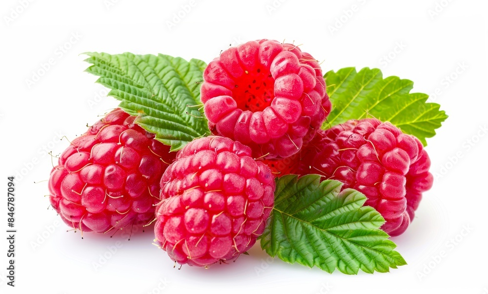 Fresh raspberries with vibrant green leaves on white background. Bright and colorful, suitable for food blogs and health websites. Ideal for promoting summer fruits or making delicious recipes. AI Fresh raspberries with vibrant green leaves on white background. Bright and colorful, suitable for food blogs and health websites. Ideal for promoting summer fruits or making delicious recipes. AI