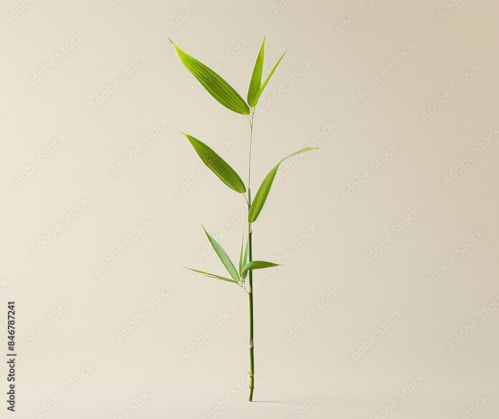Fototapeta premium A slender, green plant with thin leaves stands upright against a stark white background.